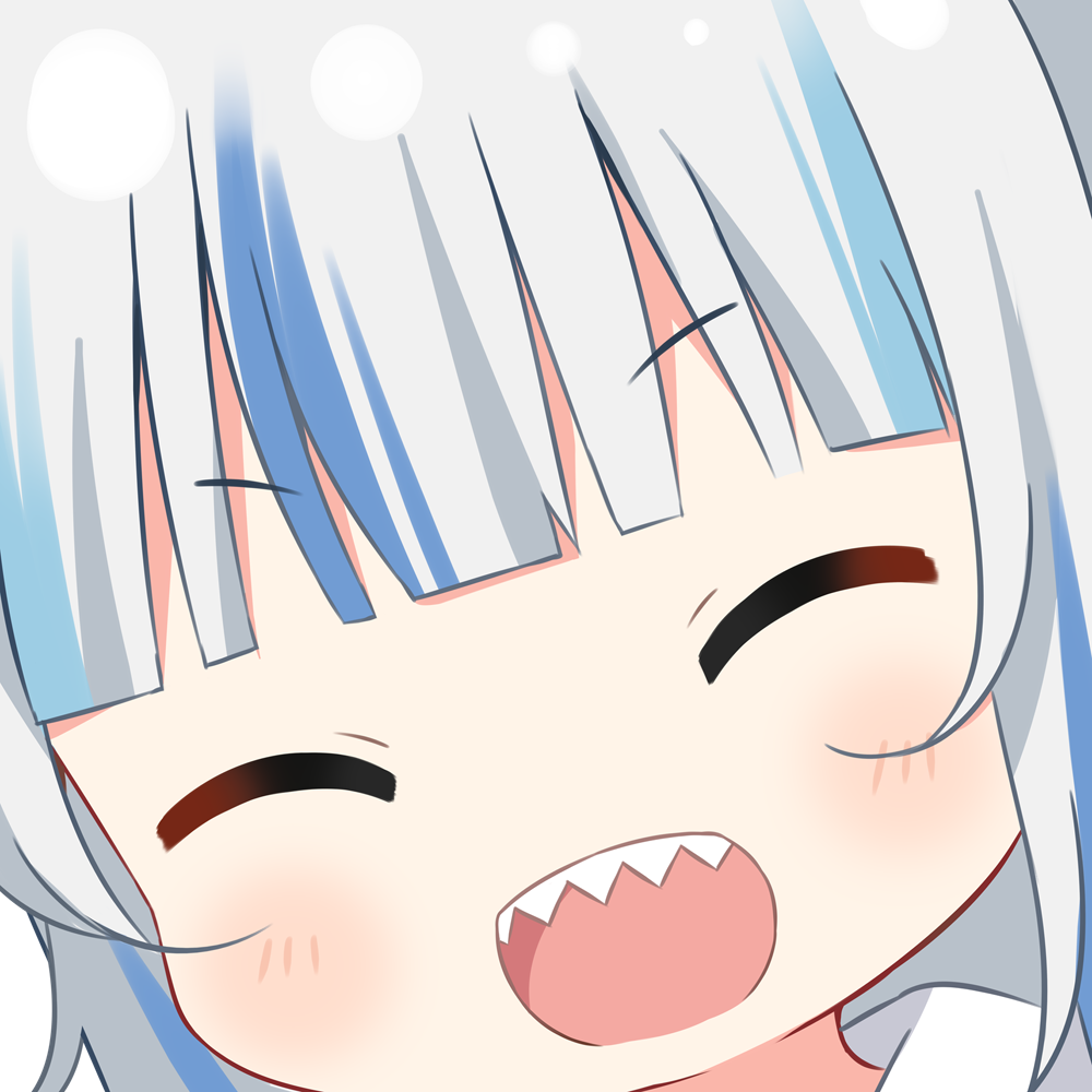 1girl :d ^_^ bangs blue_hair blunt_bangs blush close-up closed_eyes commentary deyui english_commentary eyebrows_visible_through_hair face facing_viewer gawr_gura hololive hololive_english meme multicolored_hair open_mouth sharp_teeth silver_hair smile solo streaked_hair teeth virtual_youtuber