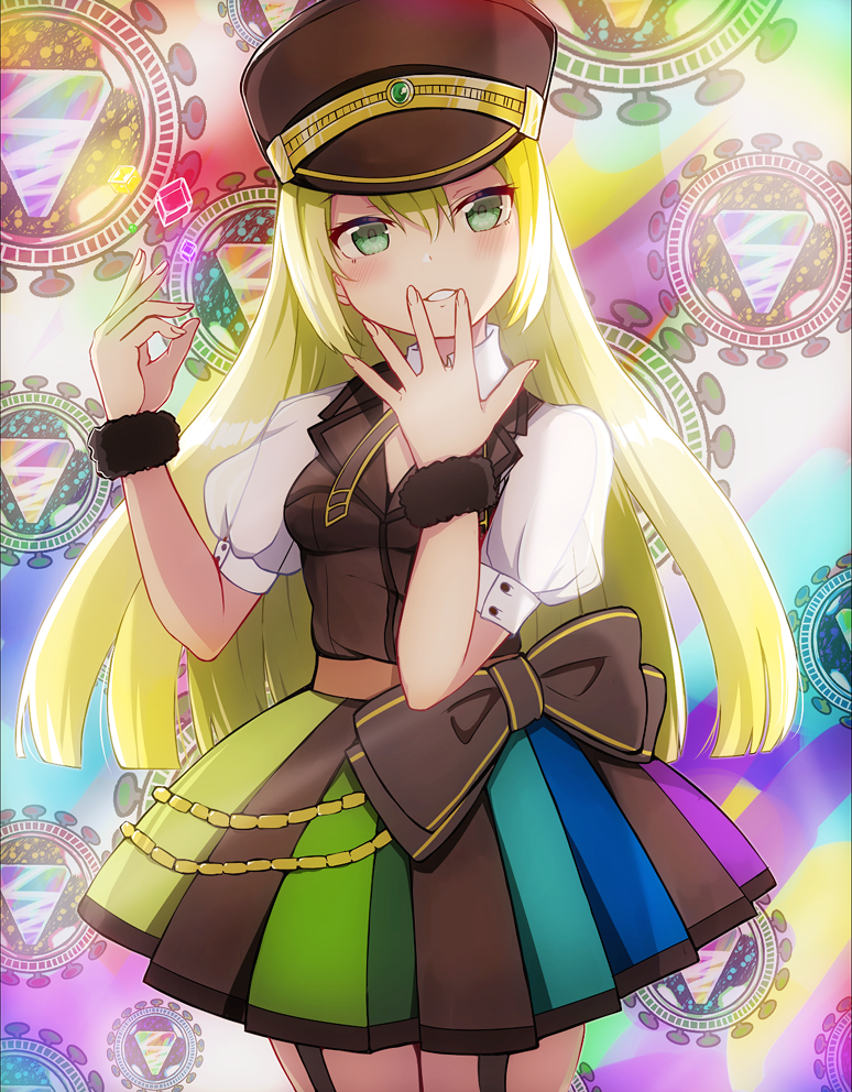 1girl alina_gray bangs black_headwear black_vest cleavage_cutout clothing_cutout cube eyelashes finger_to_mouth fingernails fur_cuffs garter_straps green_eyes green_hair grin hand_on_own_face hat jitome kastella long_hair magia_record:_mahou_shoujo_madoka_magica_gaiden mahou_shoujo_madoka_magica multicolored multicolored_background multicolored_clothes multicolored_skirt necktie peaked_cap pleated_skirt puffy_short_sleeves puffy_sleeves sakae_general_school_uniform school_uniform see-through_sleeves short_sleeves skirt smile smirk solo teeth vest