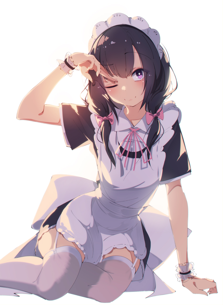 1girl apron black_hair bow commentary eyebrows_visible_through_hair hair_bow maid maid_apron maid_headdress one_eye_closed original sitting solo thigh-highs twintails unimon_e violet_eyes white_background white_legwear wrist_cuffs yokozuwari