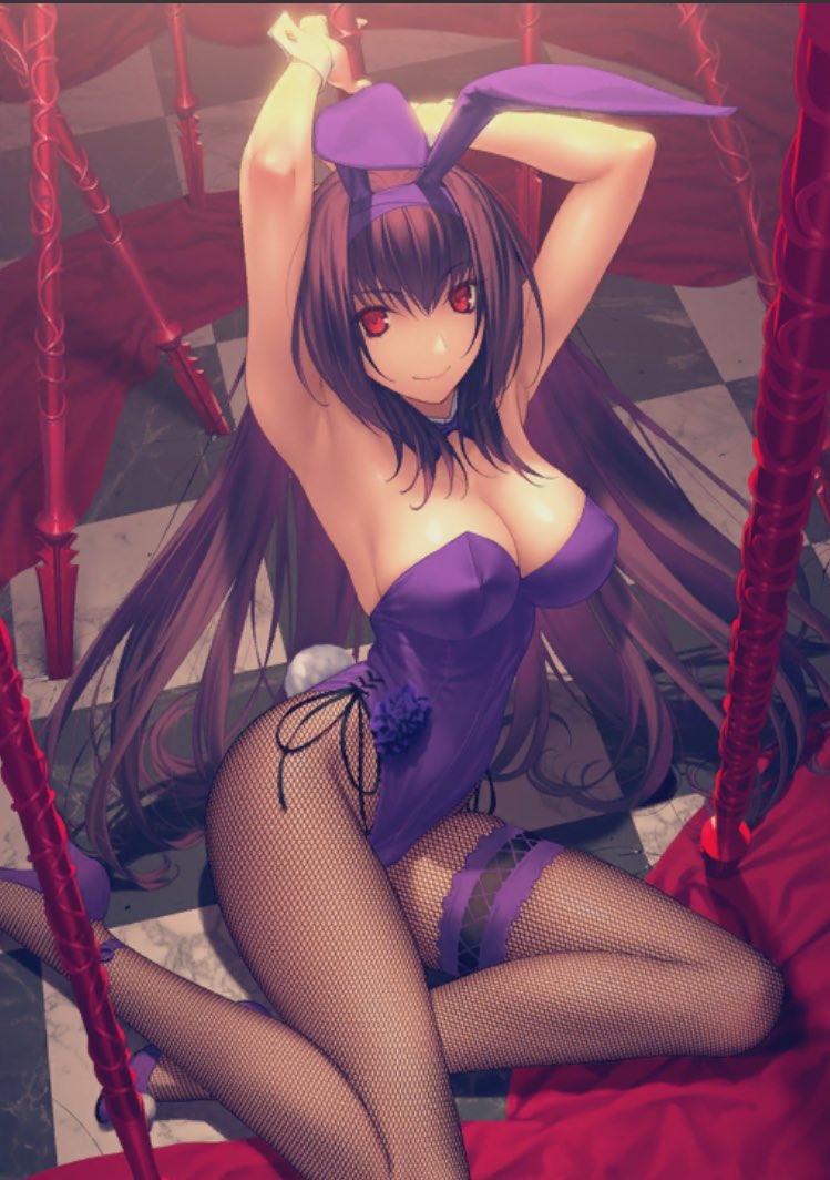 1girl animal_ears black_leotard bodysuit bow bowtie breasts bunny_girl bunnysuit detached_collar fake_animal_ears fake_tail fate/grand_order fate_(series) gae_bolg koyama_hirokazu large_breasts leotard long_hair looking_at_viewer pantyhose purple_bodysuit purple_hair rabbit_ears red_eyes scathach_(fate)_(all) scathach_(fate/grand_order) strapless strapless_leotard tail wrist_cuffs