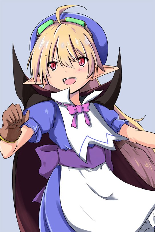 1girl apron blonde_hair blue_headwear cape commentary_request curly_hair dress fang gloves goggles goggles_on_head hat hinomoto_(hinomoto2) long_hair marivel_armitage open_mouth pointy_ears red_eyes ribbon simple_background smile solo vampire wild_arms wild_arms_2