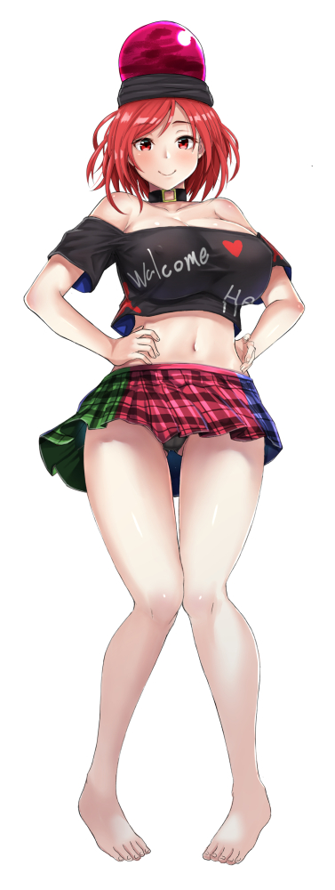 1girl ass_visible_through_thighs bare_legs barefoot black_panties black_shirt breasts clothes_writing ebi_193 feet full_body hands_on_hips happy hecatia_lapislazuli knees_together_feet_apart large_breasts looking_at_viewer midriff miniskirt multicolored multicolored_clothes multicolored_skirt nail navel neck_ruff off-shoulder_shirt off_shoulder panties plaid plaid_skirt polos_crown red_eyes redhead shirt short_hair simple_background skirt smile standing stomach t-shirt touhou underwear white_background