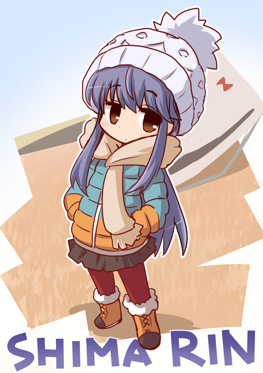 1girl blue_hair boots brown_eyes character_name chibi fur_trim hands_in_pockets hat highres ikkyuu jacket leggings pleated_skirt scarf shima_rin skirt solo winter_clothes yurucamp