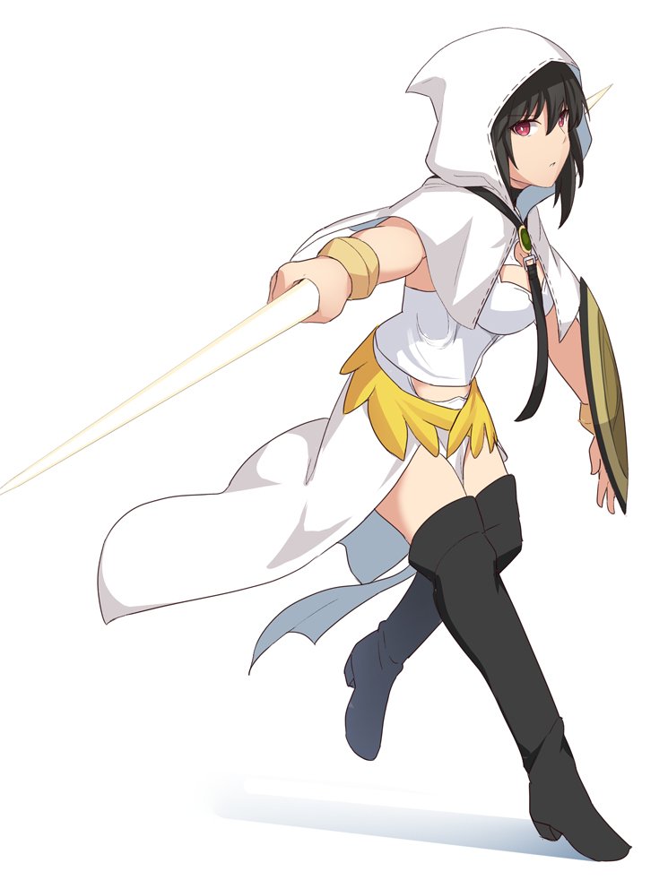 1girl black_footwear black_hair black_neckwear boots breasts bright_pupils capelet closed_mouth corset fate/grand_order fate_(series) full_body high_heel_boots high_heels holding holding_shield holding_weapon hood hood_up hooded_capelet knee_boots lance large_breasts looking_at_viewer necktie ortlinde_(fate/grand_order) pelvic_curtain polearm red_eyes shield shiseki_hirame simple_background solo valkyrie_(fate/grand_order) weapon white_background white_pupils