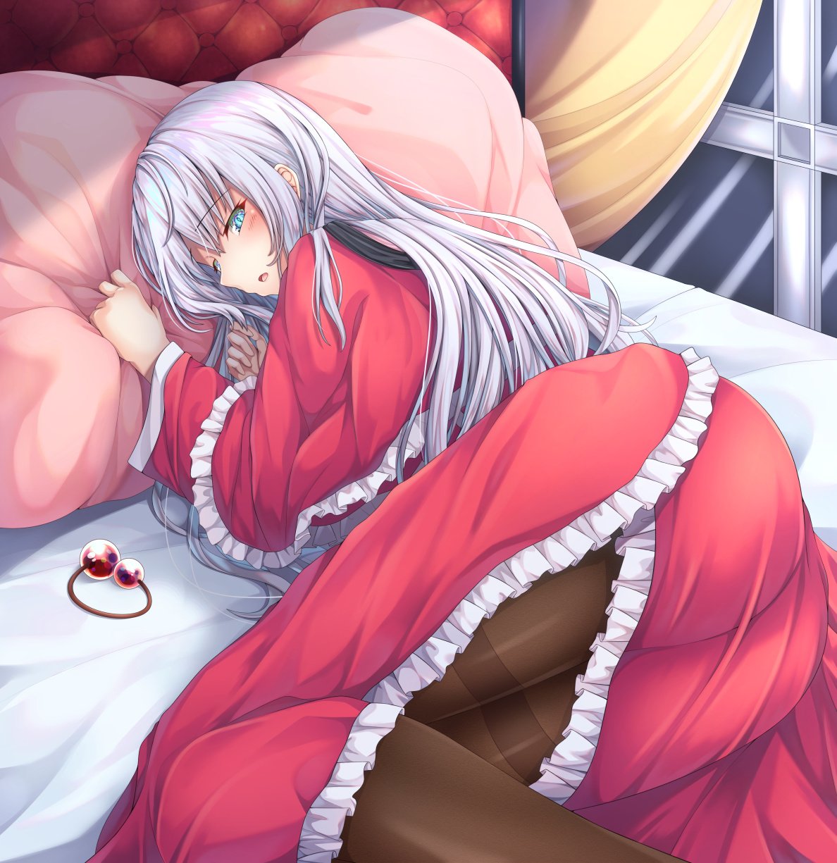 1girl ass bed blue_eyes blush dress frills hair_ornament_removed highres legs long_hair mystic_square open_mouth pantyhose pillow pillow_grab red_dress shinki silver_hair solo touhou touhou_(pc-98) yanagi_no_ki