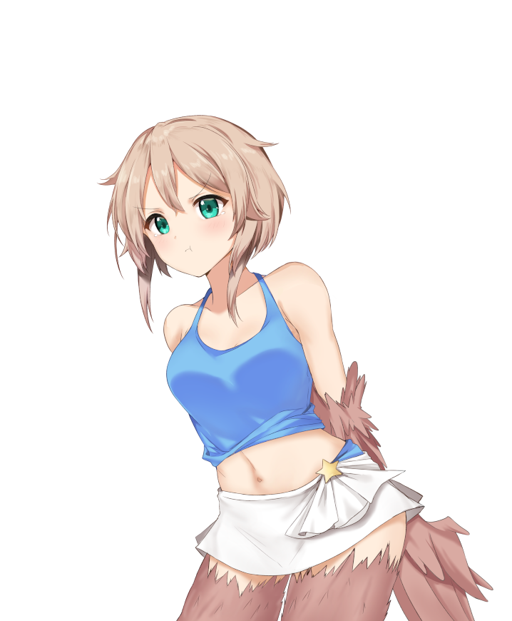 1girl armpits arms_behind_back blue_tank_top blush breasts closed_mouth dinosaurus_(azimangasaurus) english_commentary existence eyebrows_visible_through_hair feathered_wings game_cg green_eyes hair_between_eyes harpy kari_(existence) light_brown_hair looking_at_viewer medium_breasts midriff monster_girl navel pout skirt smile solo standing tank_top tearing_up transparent_background v-shaped_eyebrows white_skirt wings