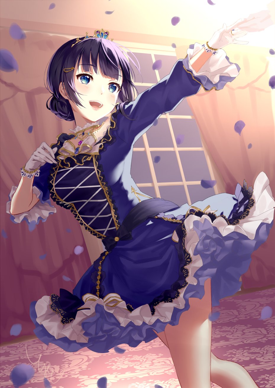 1girl asaka_karin blue_dress blue_eyes blush commentary_request cowboy_shot crown curtains dress eyebrows_visible_through_hair falling_petals gloves hair_ornament hairpin happy highres indoors jewelry love_live! love_live!_nijigasaki_high_school_idol_club open_mouth purple_hair smile solo tomiwo white_gloves window