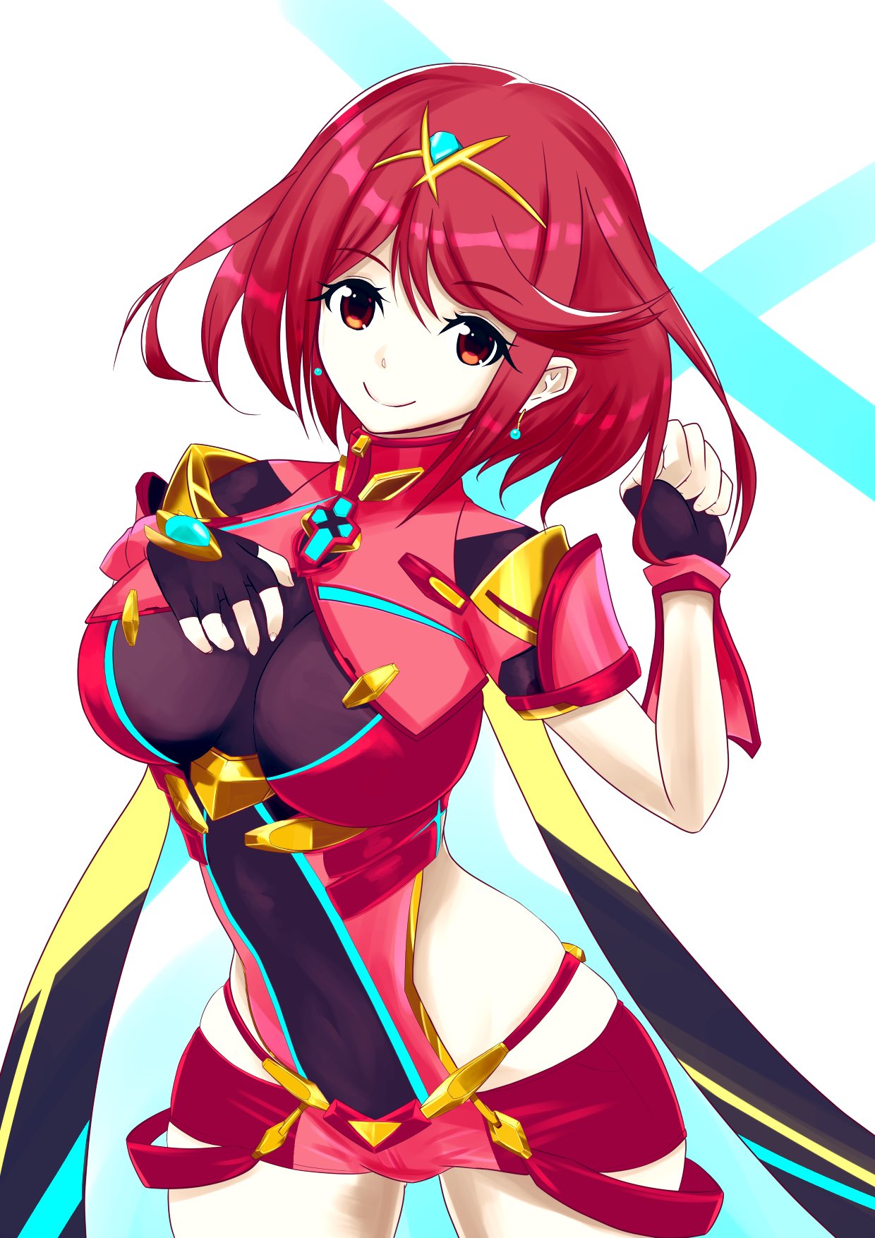 1girl armor artist_request covered_navel donageage fingerless_gloves gem gloves hair_ornament headpiece highres jewelry pyra_(xenoblade) red_eyes red_shorts redhead short_hair short_shorts shorts shoulder_armor solo thigh-highs thighs tiara upper_body xenoblade_chronicles_(series) xenoblade_chronicles_2