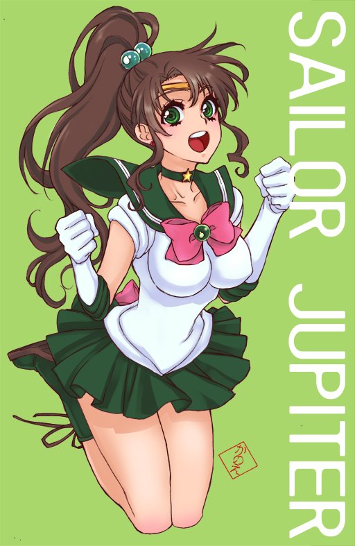 1girl bishoujo_senshi_sailor_moon breasts brown_hair choker commentary_request elbow_gloves gloves green_choker green_eyes green_sailor_collar green_skirt kanoe_youshi long_hair looking_at_viewer magical_girl ponytail sailor_collar sailor_jupiter sailor_senshi_uniform simple_background skirt white_gloves