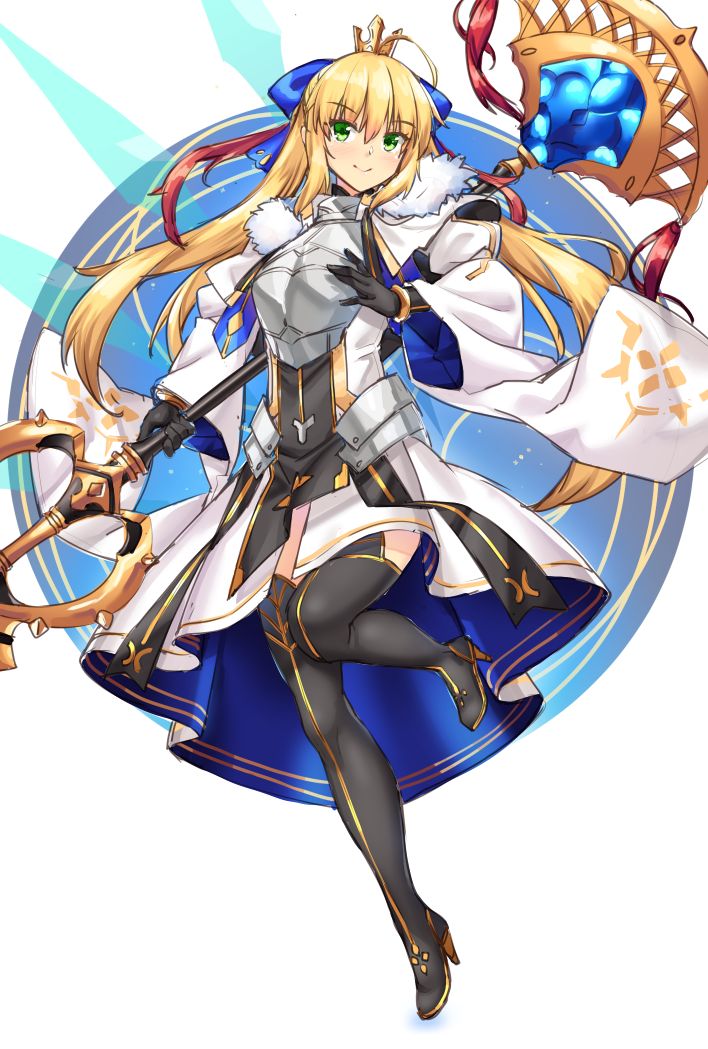 1girl ahoge artoria_pendragon_(all) artoria_pendragon_(caster) blonde_hair breastplate commentary_request crown dress eyebrows_visible_through_hair fate/grand_order fate_(series) full_body gloves green_eyes hair_between_eyes high_heels long_hair long_sleeves looking_at_viewer mini_crown shirokuma_a smile solo thigh-highs white_background
