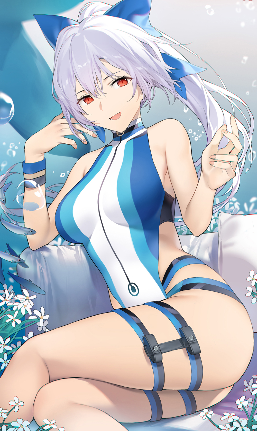 1girl bangs blue_bow blue_swimsuit bow breasts fate/grand_order fate_(series) hair_between_eyes hair_bow highleg highleg_swimsuit highres large_breasts long_hair looking_at_viewer neee-t one-piece_swimsuit open_mouth ponytail red_eyes silver_hair smile swimsuit thigh_strap thighs tomoe_gozen_(fate/grand_order) tomoe_gozen_(swimsuit_saber)_(fate) two-tone_swimsuit white_swimsuit