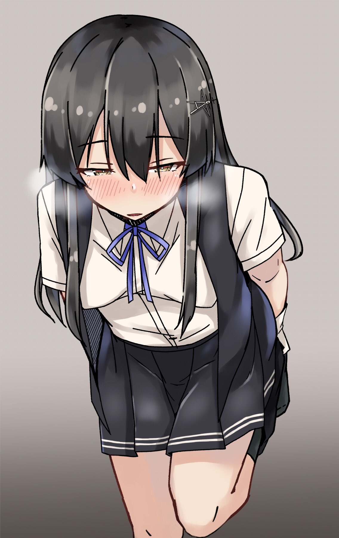 1girl black_hair black_skirt black_vest blue_neckwear blue_ribbon commentary_request cowboy_shot grey_background highres kantai_collection leaning_forward long_hair looking_at_viewer neck_ribbon oyashio_(kantai_collection) pleated_skirt ribbon school_uniform shirt short_sleeves simple_background skirt solo standing standing_on_one_leg vest wasumi_kei white_shirt