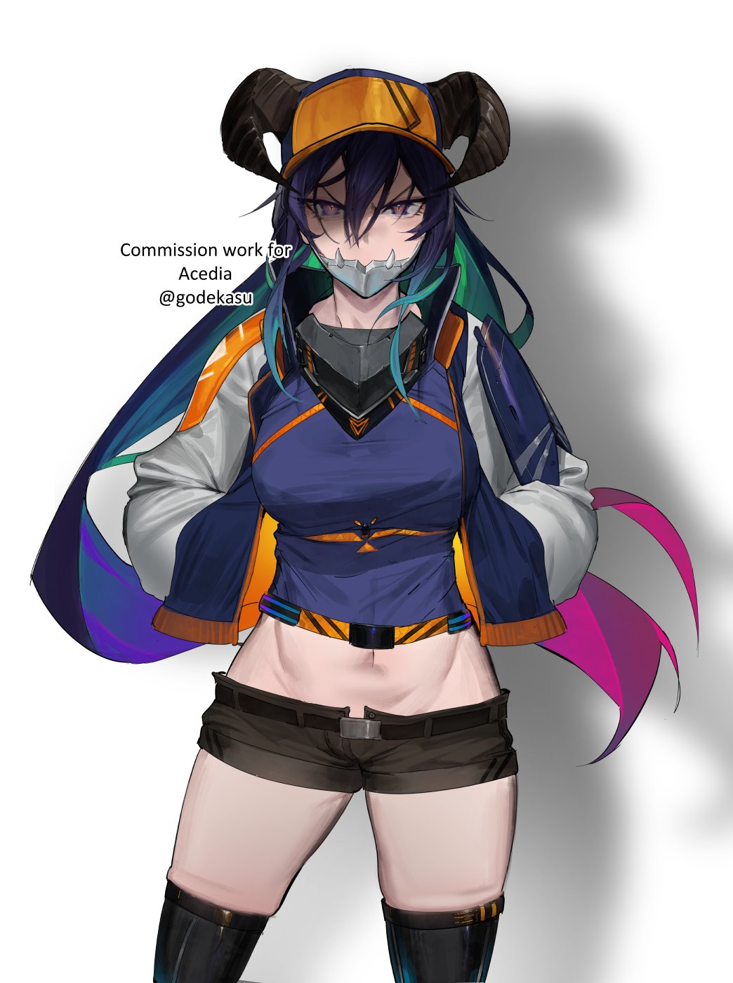 1girl baseball_cap belt black_belt black_legwear black_shorts breasts closed_mouth colored_inner_hair commission contrapposto cowboy_shot curled_horns drop_shadow frown godekasu gorget hair_between_eyes hands_in_pockets hat highres horns horns_through_headwear jacket large_breasts long_hair long_sleeves looking_at_viewer metal_jaw midriff multicolored_hair navel open_clothes open_jacket original pink_eyes purple_hair purple_shirt shaded_face shirt short_shorts shorts skindentation solo standing thigh-highs twitter_username very_long_hair watermark