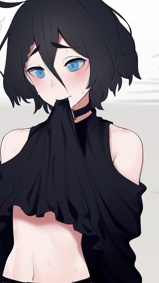 1boy bangs bare_shoulders black_choker black_hair black_shirt blue_eyes blush braid choker commentary_request grey_background hair_between_eyes highres indie_virtual_youtuber kushizaki_(vtuber) lifted_by_self male_focus mouth_hold navel o-ring o-ring_choker otoko_no_ko shirt shirt_lift short_hair solo st_(youx1119) stomach sweat two-tone_background upper_body