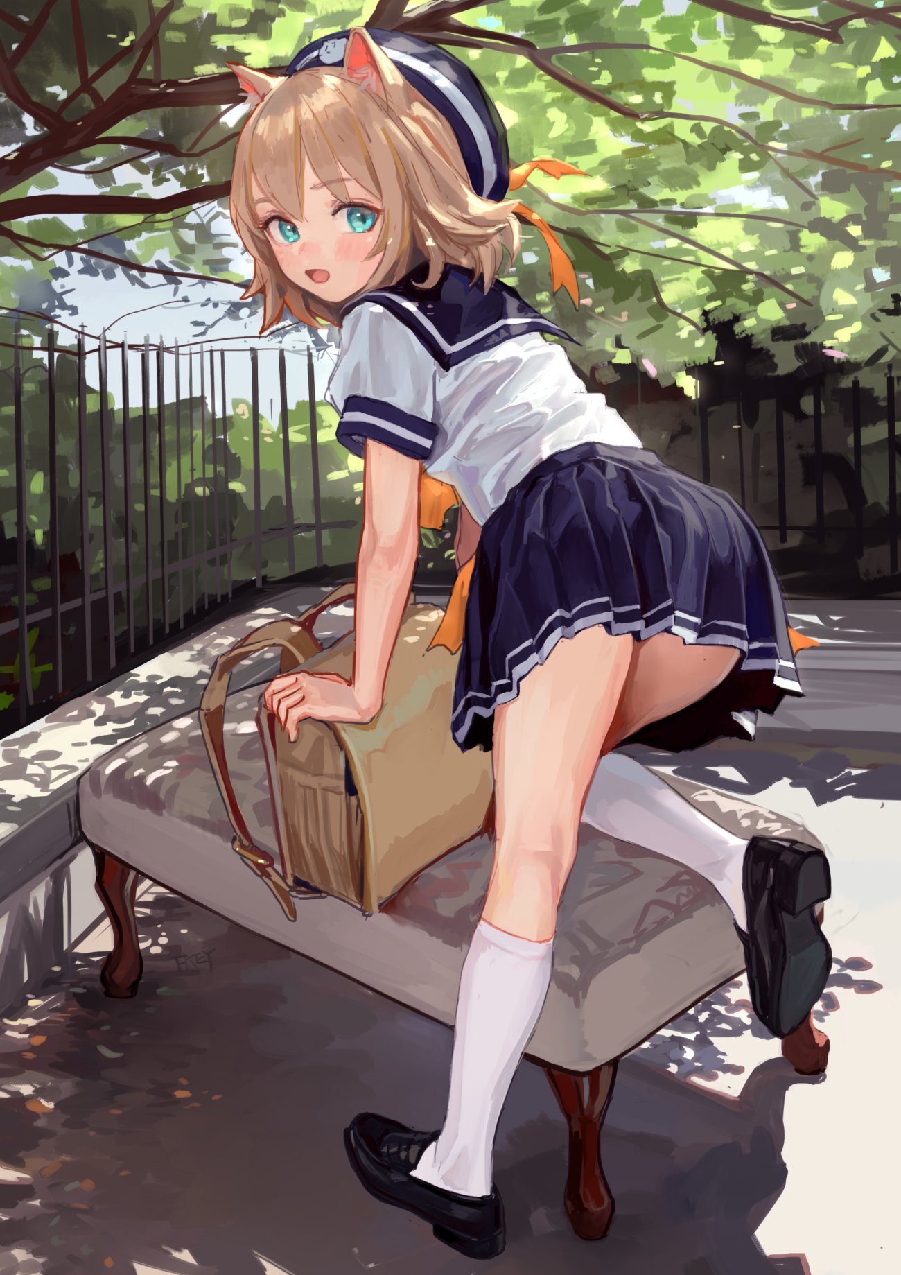 1girl animal_ears backpack bag bench blue_eyes blush brown_hair cat_ears fkey hat highres looking_at_viewer medium_hair open_mouth original outdoors randoseru school_hat school_uniform shoes socks solo standing standing_on_one_leg