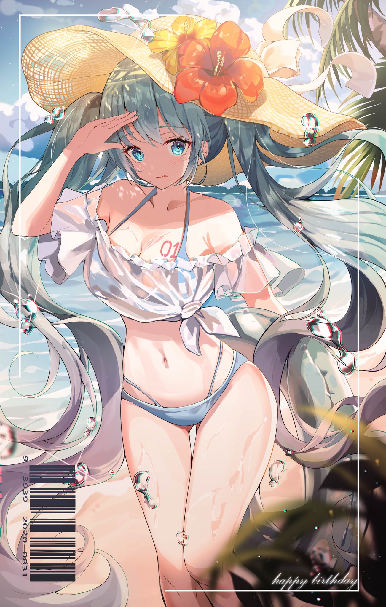 1girl aqua_eyes aqua_hair barcode bikini blue_bikini border clouds collarbone eyebrows_visible_through_hair flower halterneck hand_to_forehead hat hat_flower hatsune_miku hibiscus highres icebox46 innertube long_hair looking_at_viewer navel off_shoulder palm_tree sheer_clothes shirt sky smile solo sun_hat swimsuit thigh_gap tied_shirt tongue tongue_out tree twintails very_long_hair vocaloid water water_drop