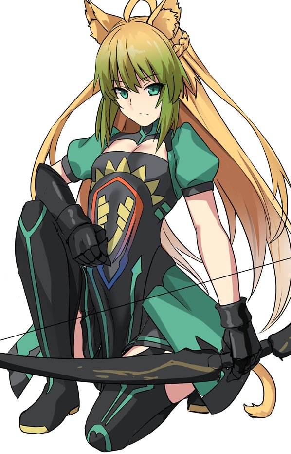 1girl animal_ears atalanta_(fate) black_footwear blonde_hair boots bow_(weapon) braid cat_ears cat_tail cleavage_cutout closed_mouth clothing_cutout fate/grand_order fate_(series) flat_chest french_braid gauntlets gradient_hair green_eyes green_hair holding holding_bow_(weapon) holding_weapon long_hair looking_at_viewer multicolored_hair one_knee puffy_short_sleeves puffy_sleeves shiseki_hirame short_sleeves simple_background solo tail thigh-highs thigh_boots weapon white_background