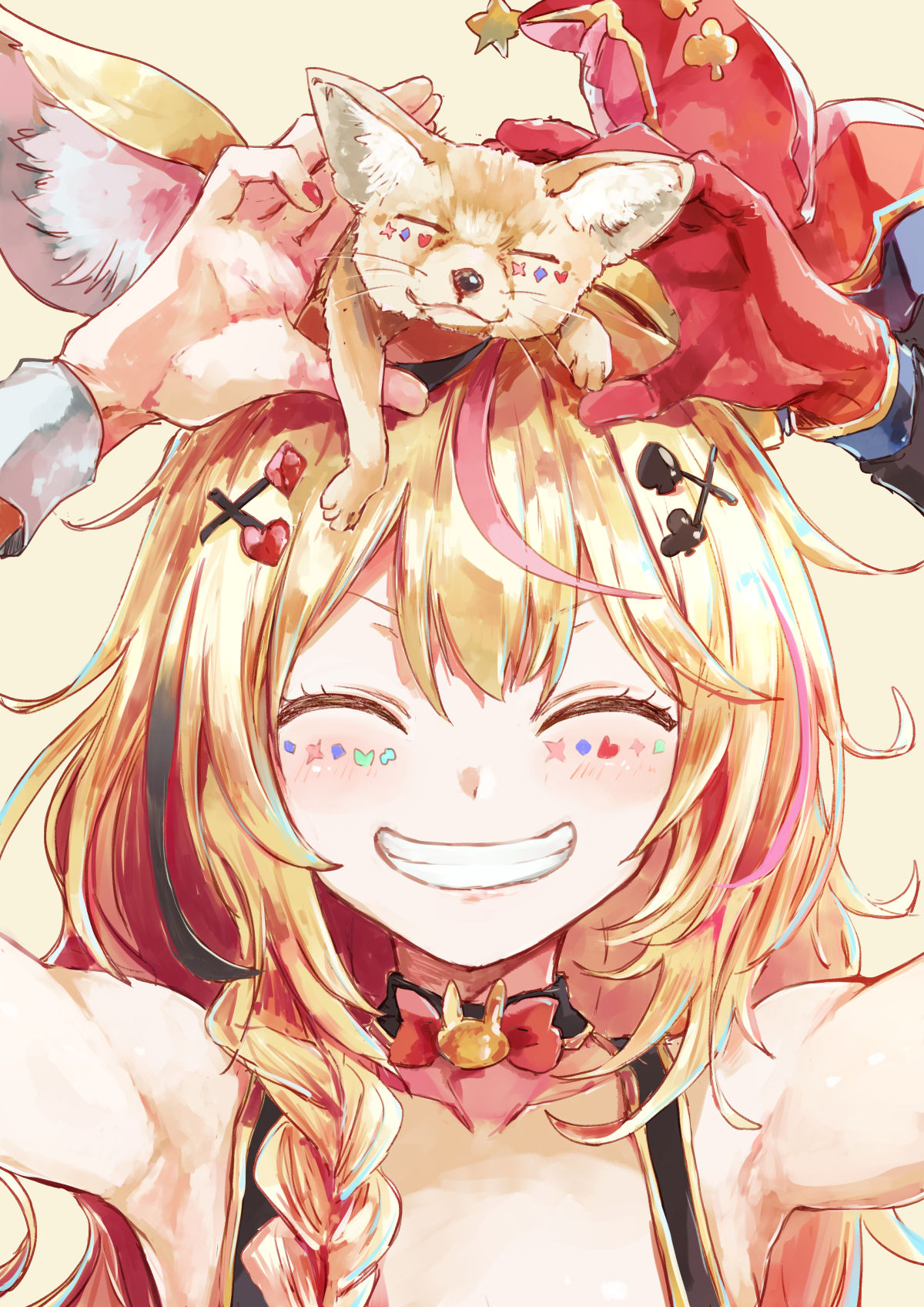 1girl :d animal_ears animal_on_head arms_up bangs bare_shoulders black_hair blonde_hair blush braid bunny_choker closed_eyes club_(shape) club_hair_ornament diamond_hair_ornament fennec_fox fox_ears fox_girl gloves hair_between_eyes hair_ornament hairclip hat heart highres hololive jester_cap long_hair multicolored_hair nail_polish omaru_polka on_head open_mouth pink_hair playing_card_theme red_gloves smile solo spade_(shape) streaked_hair upper_body virtual_youtuber yohane