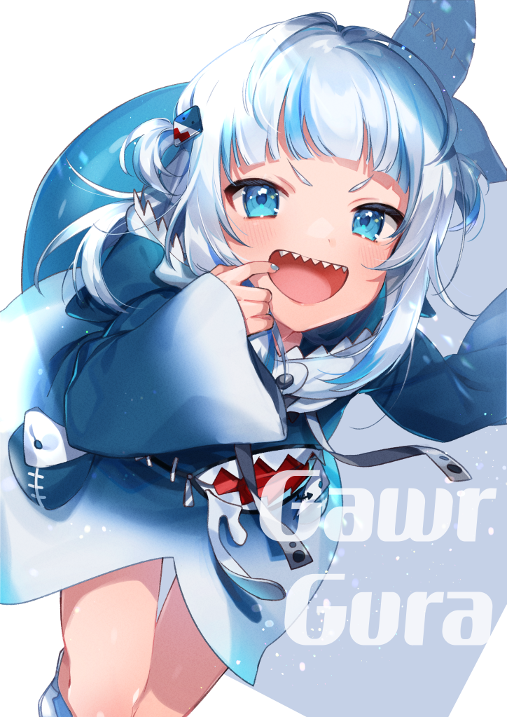 1girl blue_eyes blue_hair blue_nails character_name commentary_request fingernails gawr_gura hair_ornament hololive hololive_english long_sleeves multicolored_hair nail_polish nokachoco114 open_mouth shark_tail sharp_teeth smile solo tail teeth two-tone_hair upper_teeth virtual_youtuber white_hair