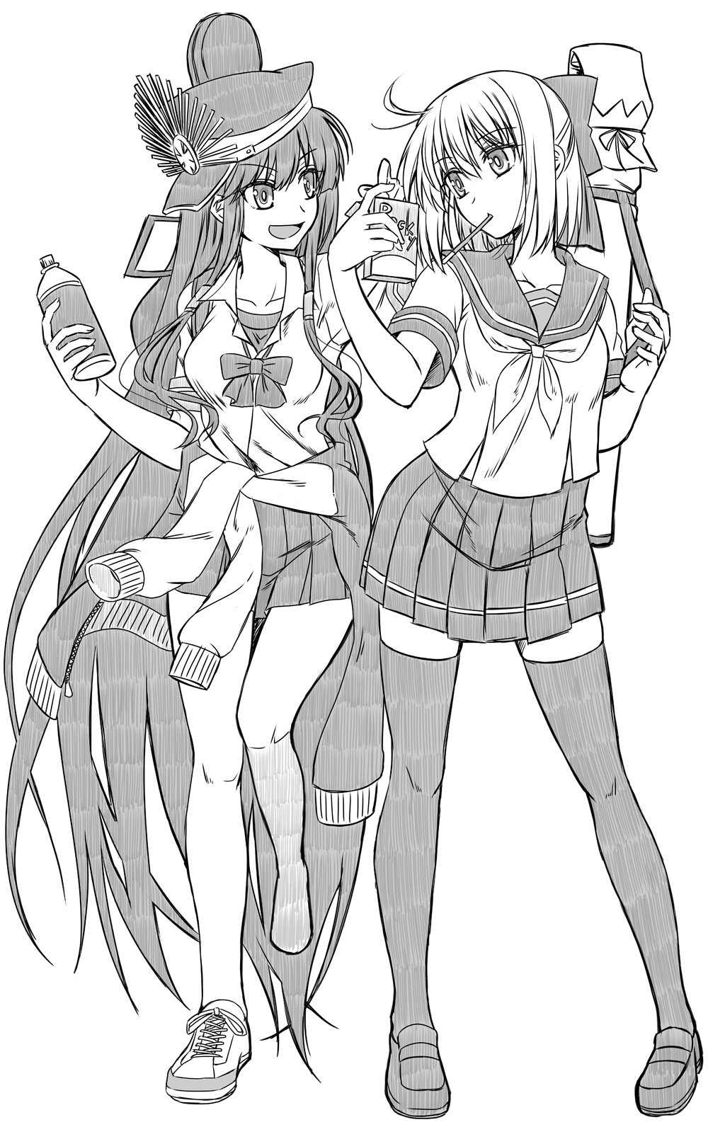 2girls breasts collarbone commentary_request eyebrows_visible_through_hair fate/grand_order fate_(series) food full_body greyscale hair_between_eyes hat highres holding kiriya_(aprikose_0312) long_hair looking_at_another medium_breasts monochrome multiple_girls oda_nobunaga_(fate) oda_nobunaga_(fate)_(all) okita_souji_(fate) okita_souji_(fate)_(all) open_mouth pocky school_uniform shoes short_hair short_sleeves simple_background skirt standing thigh-highs tongue very_long_hair white_background zettai_ryouiki