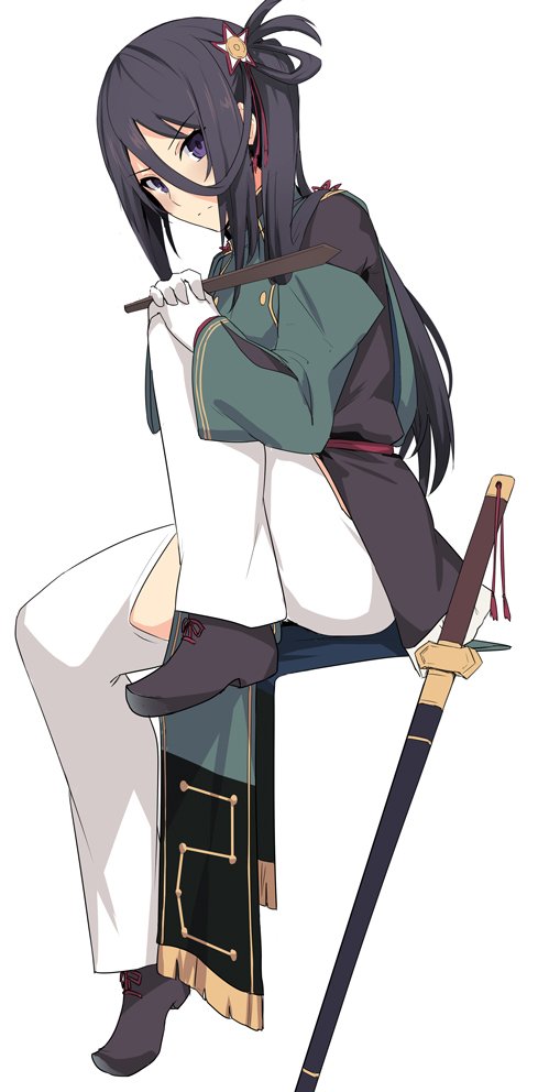 1girl baton black_footwear black_hair closed_mouth double-breasted from_side full_body gloves holding invisible_chair long_hair long_sleeves looking_at_viewer looking_to_the_side open_pants pants pelvic_curtain scabbard sheath sheathed shichiseiken_(tenka_hyakken) shiseki_hirame shoes side_ponytail simple_background sitting solo sword tenka_hyakken violet_eyes weapon white_background white_gloves white_pants