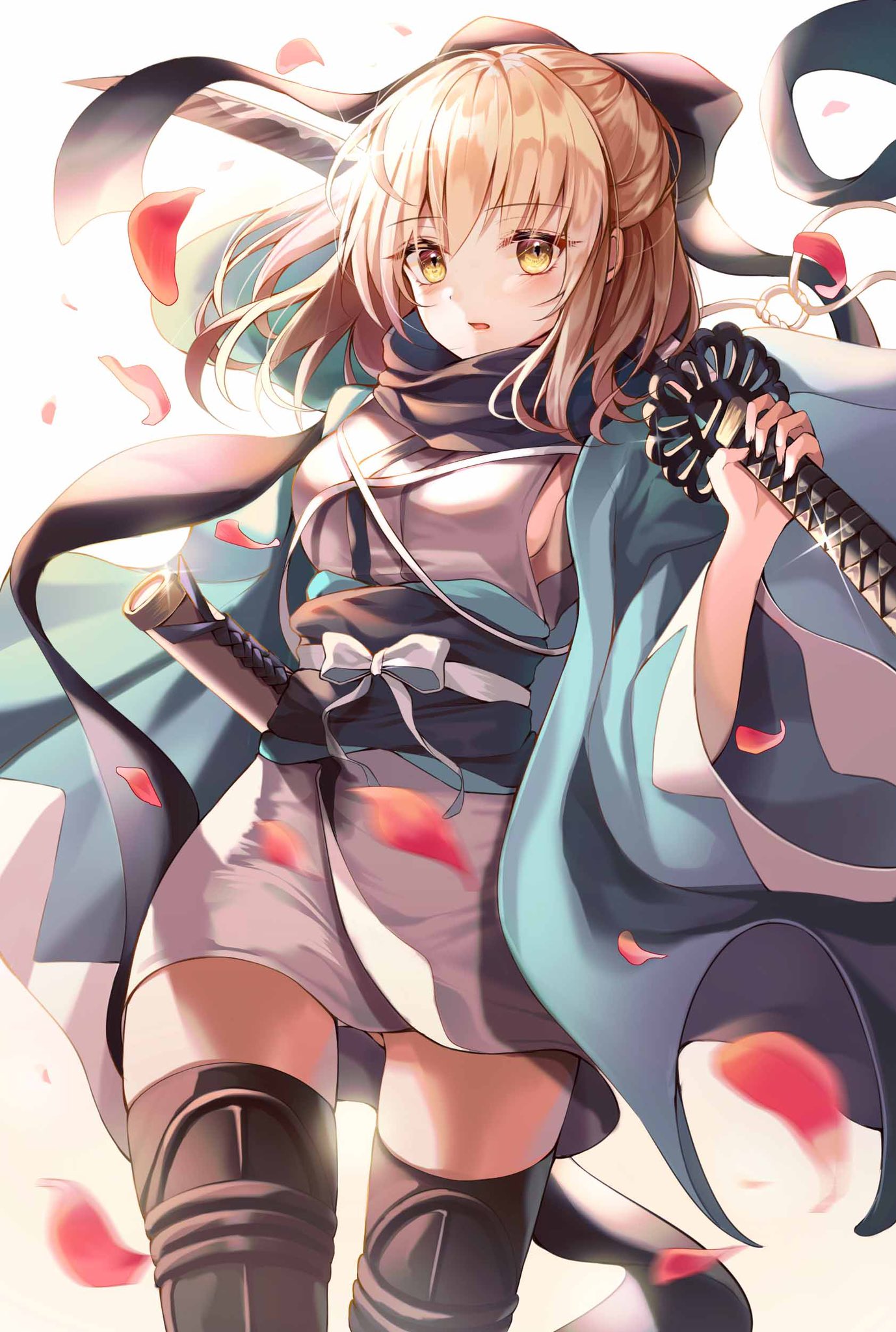 1girl ahoge ass_visible_through_thighs bangs black_bow black_legwear blonde_hair blush bow breasts cowboy_shot eyebrows_visible_through_hair fate/grand_order fate_(series) hair_between_eyes hair_bow highres holding holding_weapon icebox46 japanese_clothes kimono looking_at_viewer okita_souji_(fate)_(all) open_mouth petals scarf sheath short_hair sideboob simple_background solo sword thigh-highs weapon white_background yellow_eyes zettai_ryouiki