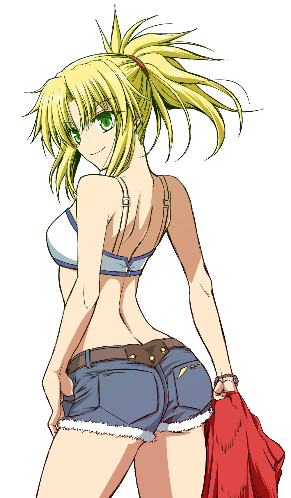 1girl arm_at_side ass back bare_arms bare_shoulders blonde_hair bra breasts closed_mouth cowboy_shot cutoffs denim denim_shorts eyebrows_visible_through_hair fate/apocrypha fate_(series) from_behind green_eyes hand_on_hip high_ponytail highres holding kiriya_(aprikose_0312) long_hair looking_at_viewer looking_back midriff mordred_(fate) mordred_(fate)_(all) ponytail shorts shoulder_blades simple_background sleeveless small_breasts smile solo underwear white_background