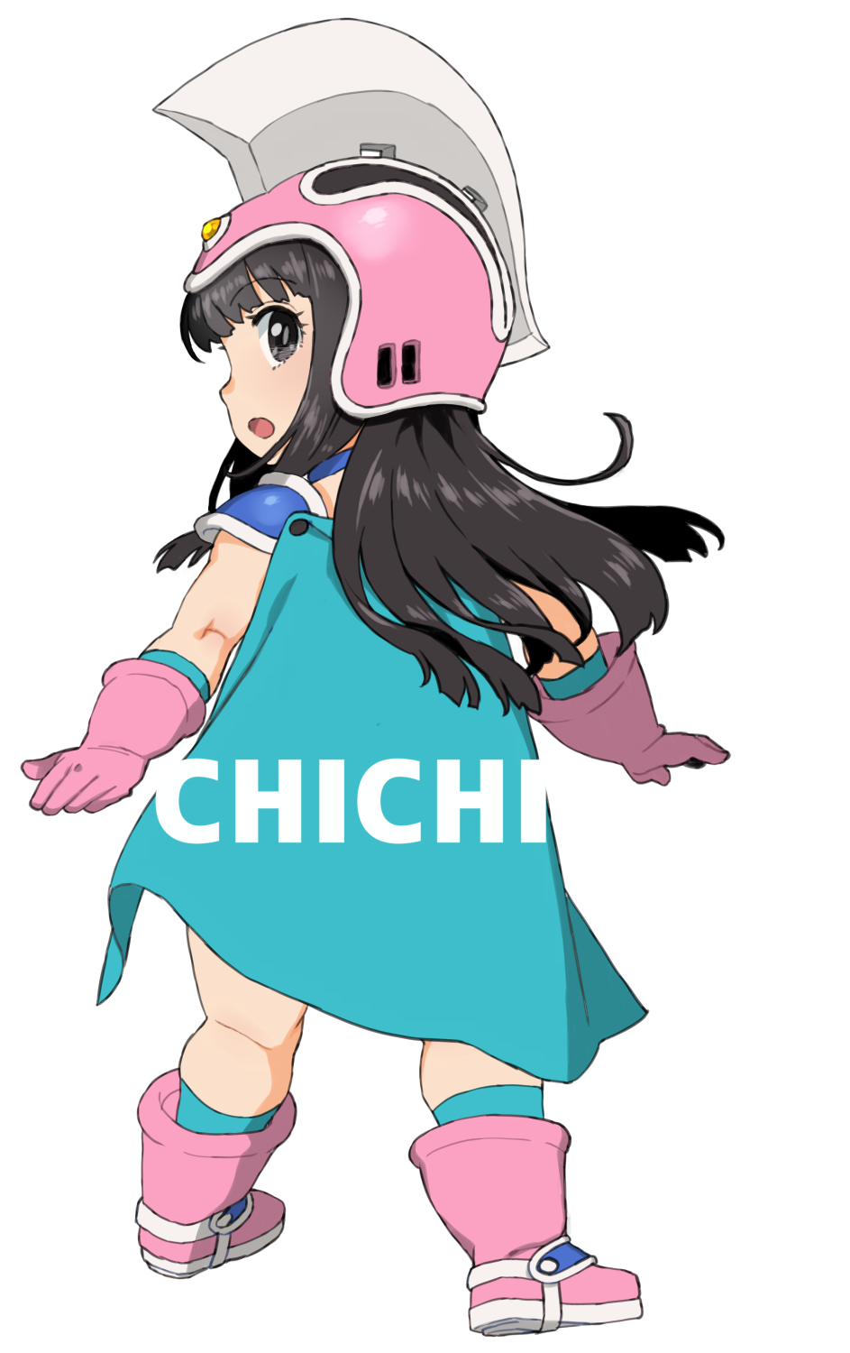 1girl armor black_eyes black_hair boots cape character_name chi-chi_(dragon_ball) child dragon_ball dragon_ball_(classic) from_behind full_body gloves green_cape helmet highres kneepits long_hair looking_back murderhouse open_mouth pauldrons pink_footwear pink_gloves pink_headwear shoulder_armor simple_background solo wakaho_riku white_background