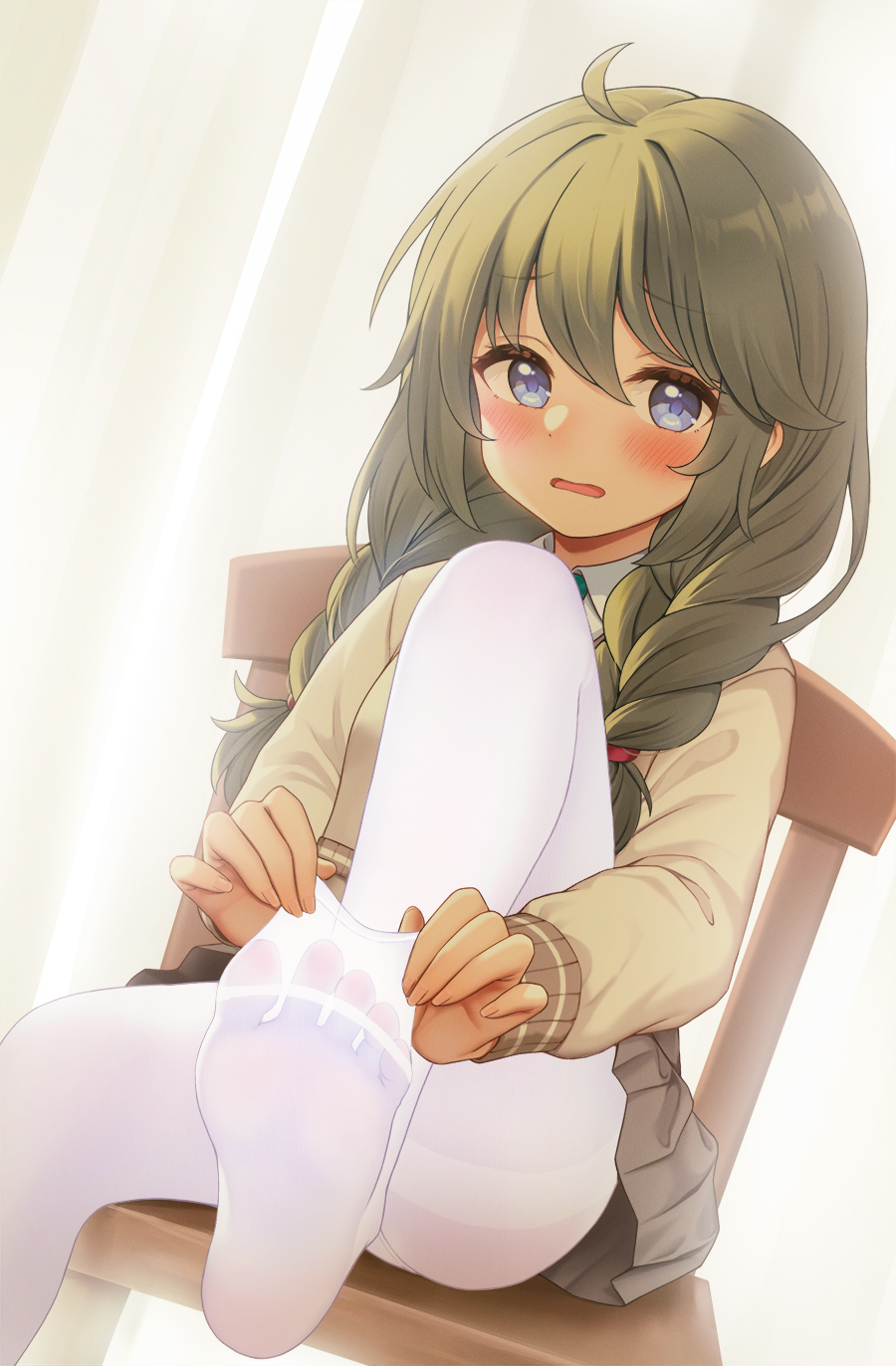 1girl :o adjusting_clothes adjusting_legwear ahoge bangs blue_eyes blush braid brown_hair chair collared_shirt commentary_request eyebrows_visible_through_hair fukuro_ko_(greentea) hair_between_eyes highres long_hair looking_at_viewer no_shoes open_mouth pantyhose pantyhose_pull pleated_skirt princess_connect! princess_connect!_re:dive school_uniform shirt sidelocks sitting skirt solo sweater tied_hair twin_braids white_legwear white_shirt yuni_(princess_connect!)