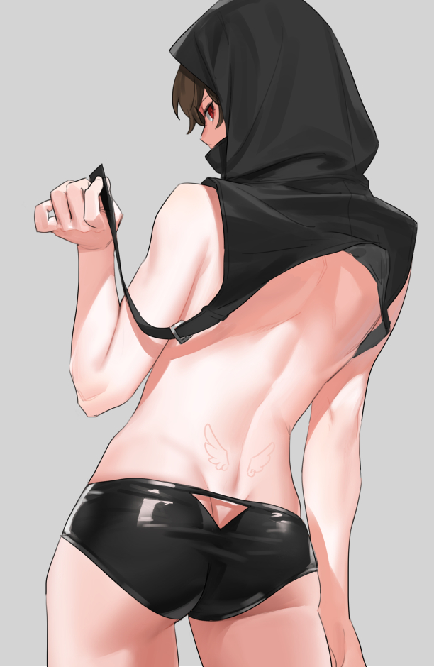 1boy arm_at_side ass ass_cutout back_tattoo bangs black_shorts brown_hair clothing_cutout covered_mouth cowboy_shot from_behind granblue_fantasy grey_background hand_up holding hood hood_up latex looking_at_viewer looking_back male_focus no_pants profile red_eyes sandalphon_(granblue_fantasy) shorts simple_background skin_tight solo tattoo tki topless underwear underwear_only wing_tattoo
