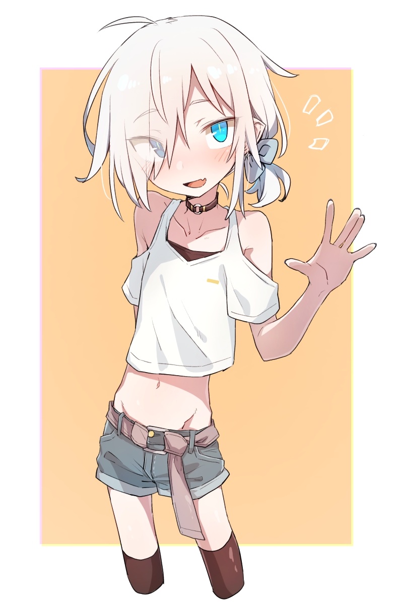 1girl ahoge belt blue_eyes blush elf eyebrows_visible_through_hair flat_chest hair_over_one_eye higashi_shino midriff navel nowareno_(higashi_shino) original pointy_ears shorts simple_background solo thigh-highs waving white_hair