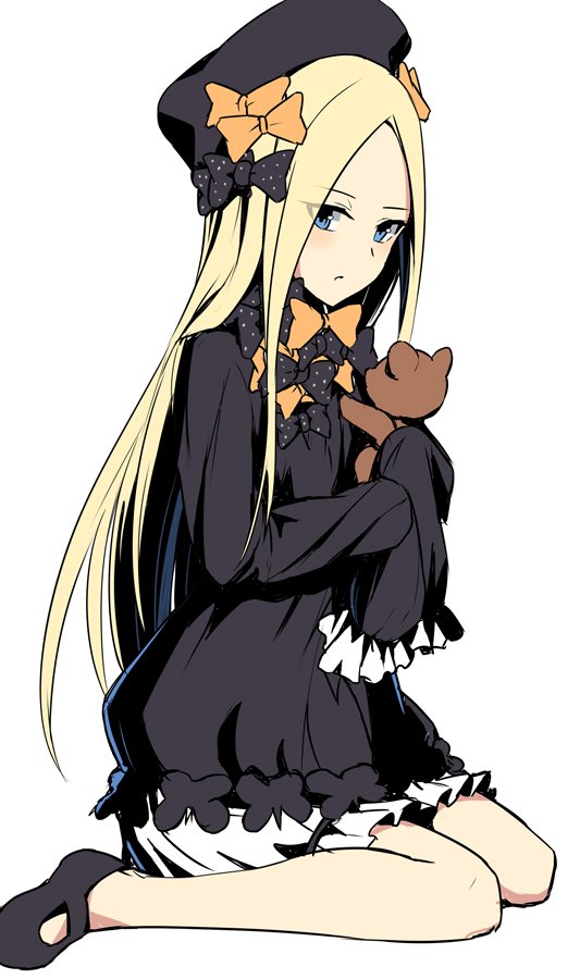 1girl abigail_williams_(fate/grand_order) bangs black_bow black_dress black_footwear black_headwear blue_eyes bow closed_mouth dress eyes_visible_through_hair fate/grand_order fate_(series) hat holding holding_stuffed_toy long_hair long_sleeves looking_at_viewer orange_bow parted_bangs polka_dot polka_dot_bow shiseki_hirame shoes simple_background sitting sleeves_past_fingers sleeves_past_wrists solo stuffed_animal stuffed_toy teddy_bear very_long_hair wariza white_background
