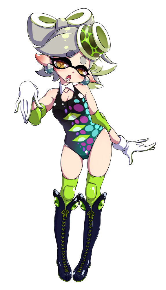 +_+ 1girl adapted_costume boots detached_collar earrings elbow_pads fangs gloves hanya_(hanya_yashiki) hotaru_(splatoon) jewelry knee_boots knee_pads leotard pointy_ears pose short_hair silver_hair solo splatoon_(series) tentacle_hair thigh-highs white_background white_gloves wrestling_outfit yellow_eyes