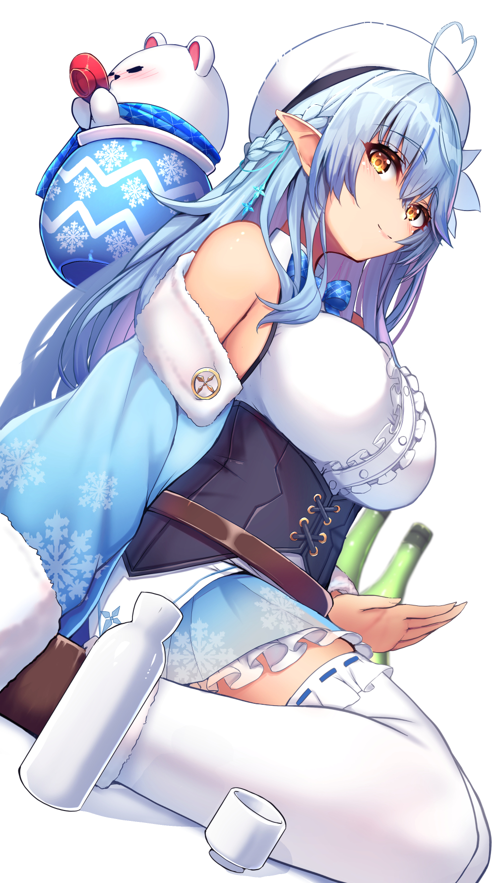 1girl ahoge bangs bare_shoulders beret blue_bow blue_hair blue_jacket blue_scarf blue_skirt bottle bow braid breasts brown_eyes center_frills closed_mouth commentary_request cup daifuku_(yukihana_lamy) dutch_angle eyebrows_visible_through_hair frilled_legwear frilled_skirt frills fur-trimmed_sleeves fur_trim hair_between_eyes hat heart_ahoge highres hololive jacket large_breasts long_hair long_sleeves looking_at_viewer off_shoulder open_clothes open_jacket plaid plaid_bow plaid_scarf pointy_ears print_skirt ribbon-trimmed_legwear ribbon_trim sakazuki scarf shadow shirt sitting skirt sleeveless sleeveless_shirt smile snowflake_print tatapopo thigh-highs tokkuri very_long_hair virtual_youtuber wariza white_background white_headwear white_legwear white_shirt yukihana_lamy