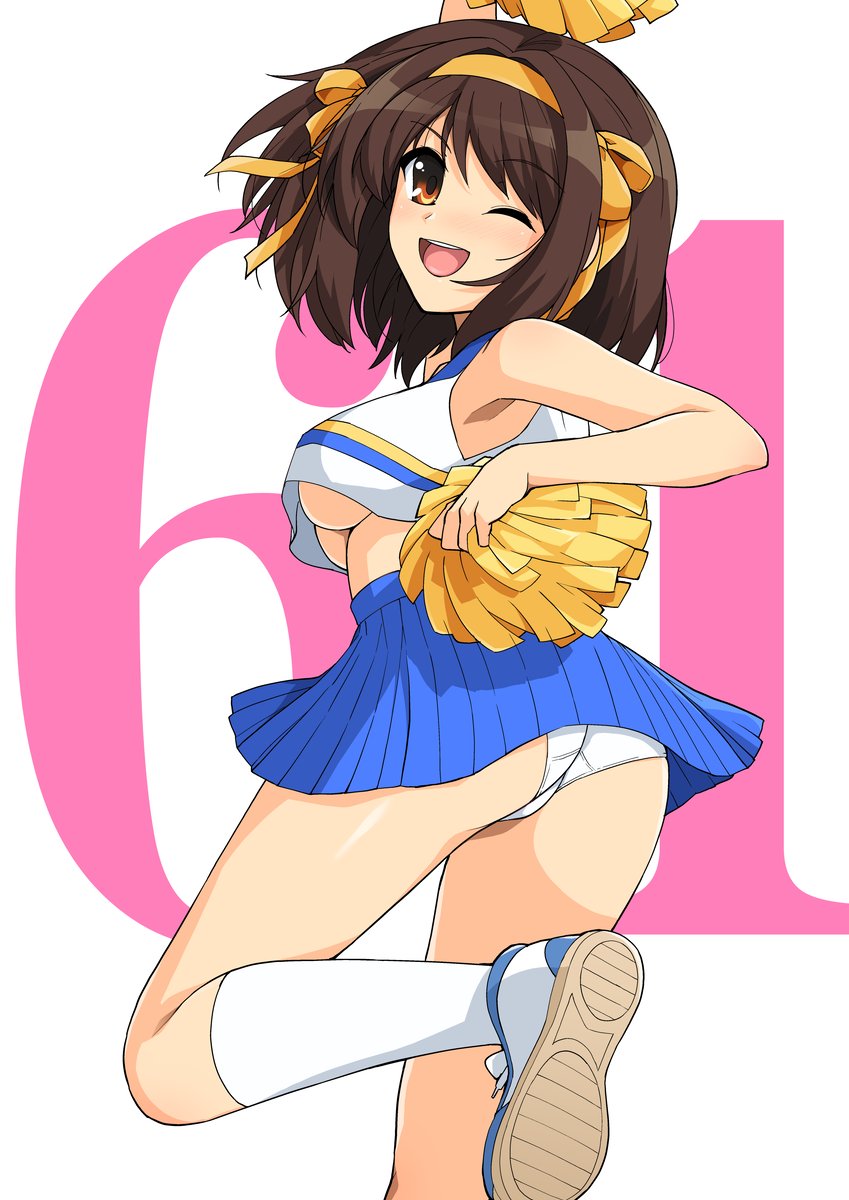 1girl blue_skirt breasts brown_hair cheerleader from_behind hairband haruhisky highres knee_up kneehighs looking_at_viewer looking_away looking_back medium_breasts one_eye_closed open_mouth panties pom_poms shoes short_hair skirt smile sneakers solo suzumiya_haruhi suzumiya_haruhi_no_yuuutsu tank_top under_boob underwear white_footwear white_legwear white_panties white_tank_top