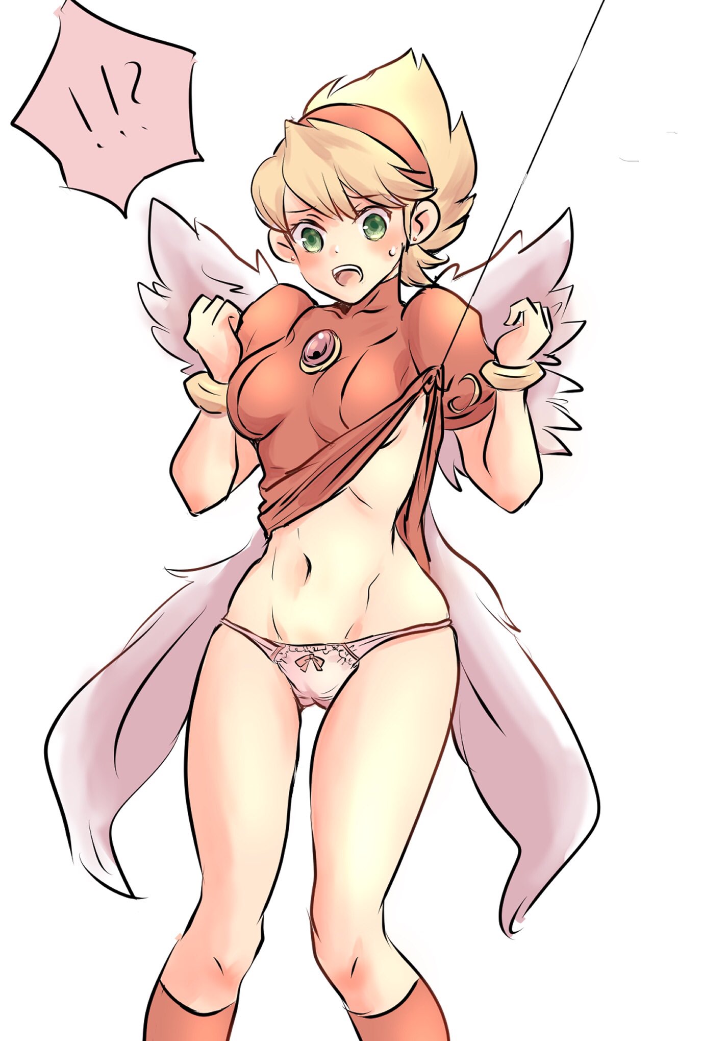 1girl angel_wings blonde_hair boots bracelet breasts breath_of_fire breath_of_fire_iii dress fishing_line green_eyes hairband highres jewelry knee_boots nina_(breath_of_fire_iii) panties puffy_sleeves short_hair simple_background solo underwear white_wings wings