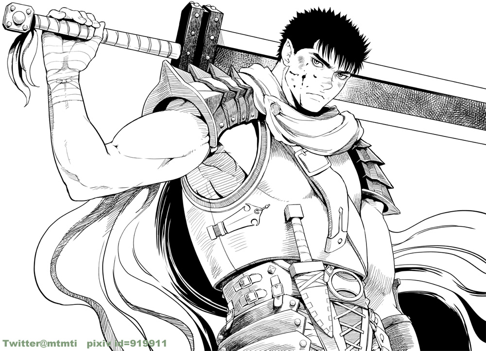 1boy bara berserk black_hair blood blood_on_face bruise bruise_on_face chest dagger dragonslayer_(sword) facial_scar greyscale guts_(berserk) injury male_focus monochrome muscle nose_scar over_shoulder scar short_hair solo sword sword_over_shoulder toned toned_male twitter_username upper_body weapon weapon_over_shoulder zonzgong