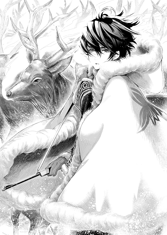 1boy animal breath cape clothes_grab cold cowboy_shot deer flock from_side fur-trimmed_cape fur-trimmed_hood fur_trim gloves greyscale hair_between_eyes half-closed_eyes holding hood hood_down hooded_cape long_sleeves looking_at_viewer male_focus monochrome original parted_lips print_cape sakurana_haru snow