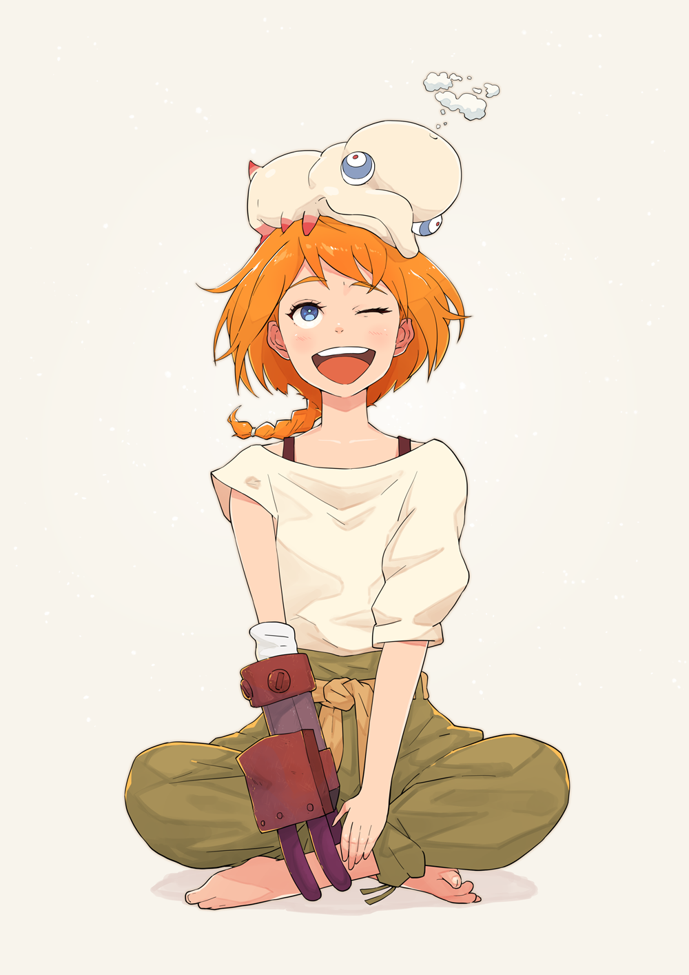 1girl ;d animal_on_head barefoot blue_eyes braid braided_ponytail decadence_(anime) highres natsume_(decadence) on_head one_eye_closed open_mouth orange_hair pants pipe_(decadence) prosthesis prosthetic_arm shirt sitting smile white_background white_shirt yoshida_(penguindynamite)