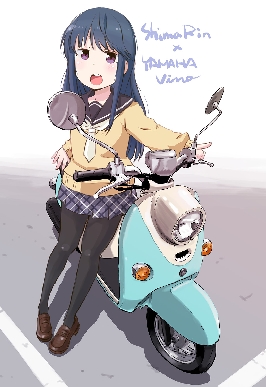 1girl blue_hair character_name ground_vehicle highres long_hair looking_at_viewer maruyo moped motor_vehicle open_mouth school_uniform shima_rin sitting solo vehicle_focus vehicle_name violet_eyes yamaha yamaha_vino yurucamp