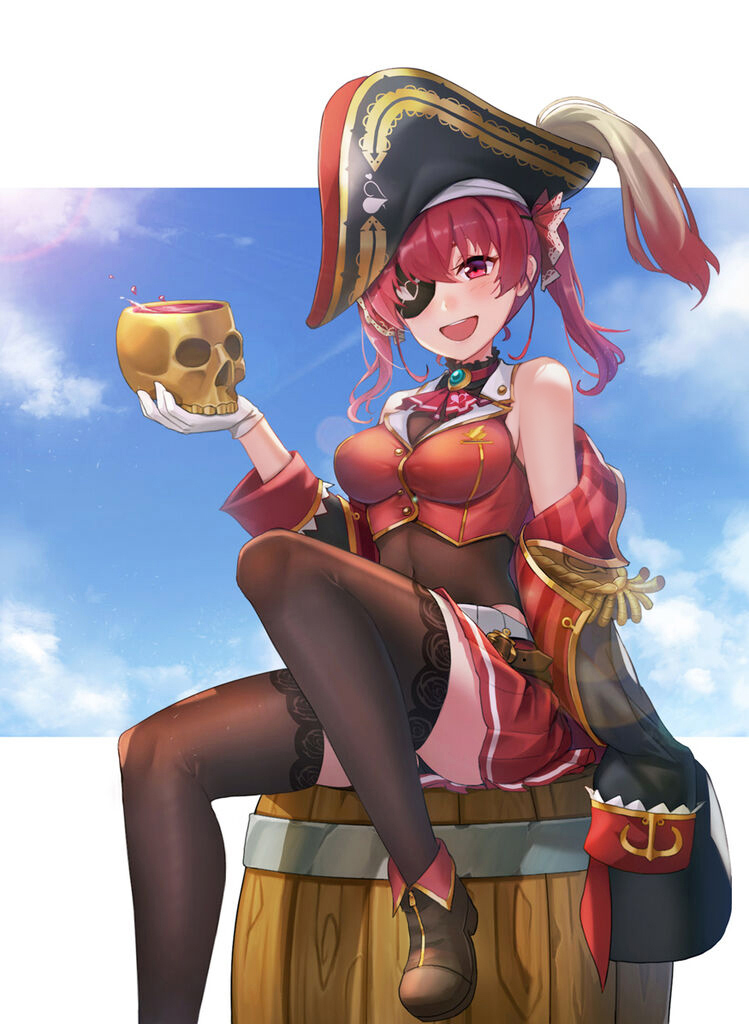 1girl barrel black_footwear black_legwear boots breasts clouds coat commentary_request covered_navel cup eyepatch gloves gold hair_ribbon hat holding holding_skull hololive houshou_marine leg_up lens_flare medium_breasts outdoors pirate_hat red_skirt redhead ribbon sitting sitting_on_object skirt skull solo vococo white_gloves