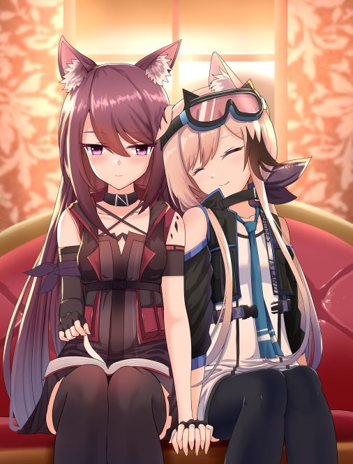 2girls animal_ears arknights blonde_hair blush cat_ears cat_girl choker closed_eyes couch fingerless_gloves gloves holding_hands multiple_girls necktie oripathy_lesion_(arknights) purple_hair skirt smile thigh-highs violet_eyes xiongbazhihe yuri