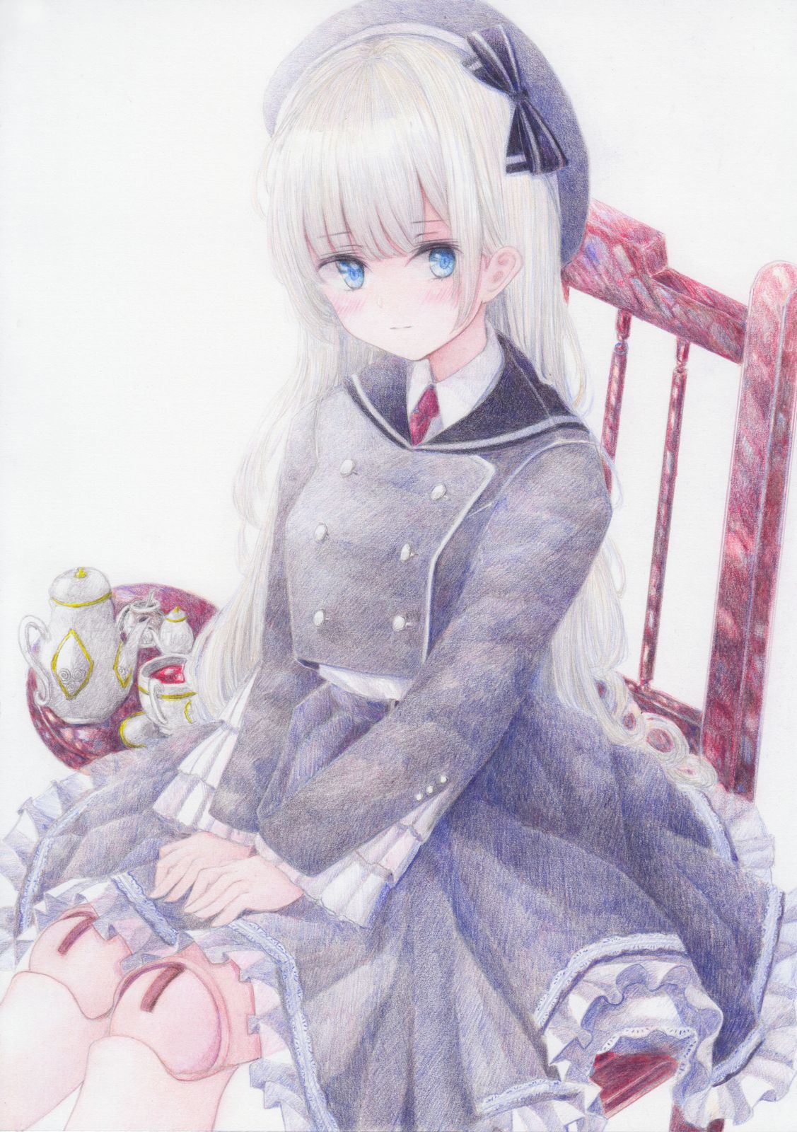 blue_eyes blush chair colored_pencil_(medium) darkkanan doll doll_joints dress eyes_visible_through_hair graphite_(medium) hat highres joints long_hair looking_at_viewer original prosthesis prosthetic_leg simple_background sitting traditional_media white_hair