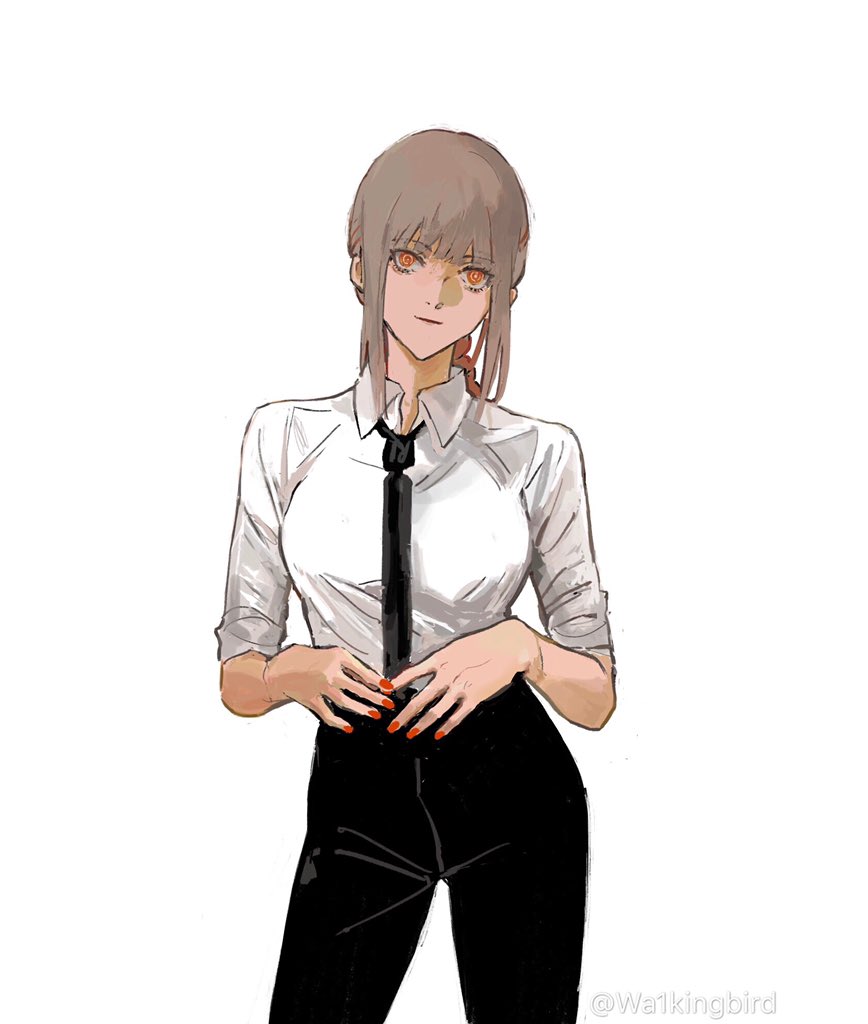 1girl alternate_hair_color bangs black_neckwear black_pants braid braided_ponytail breasts business_suit chainsaw_man eyebrows_visible_through_hair formal grey_hair hands_together light_smile long_hair long_sleeves looking_at_viewer makima_(chainsaw_man) medium_breasts nail_polish necktie office_lady pants red_nails ringed_eyes shirt shirt_tucked_in sleeves_rolled_up smile solo suit twitter_username wa1kingbird white_background white_shirt yellow_eyes