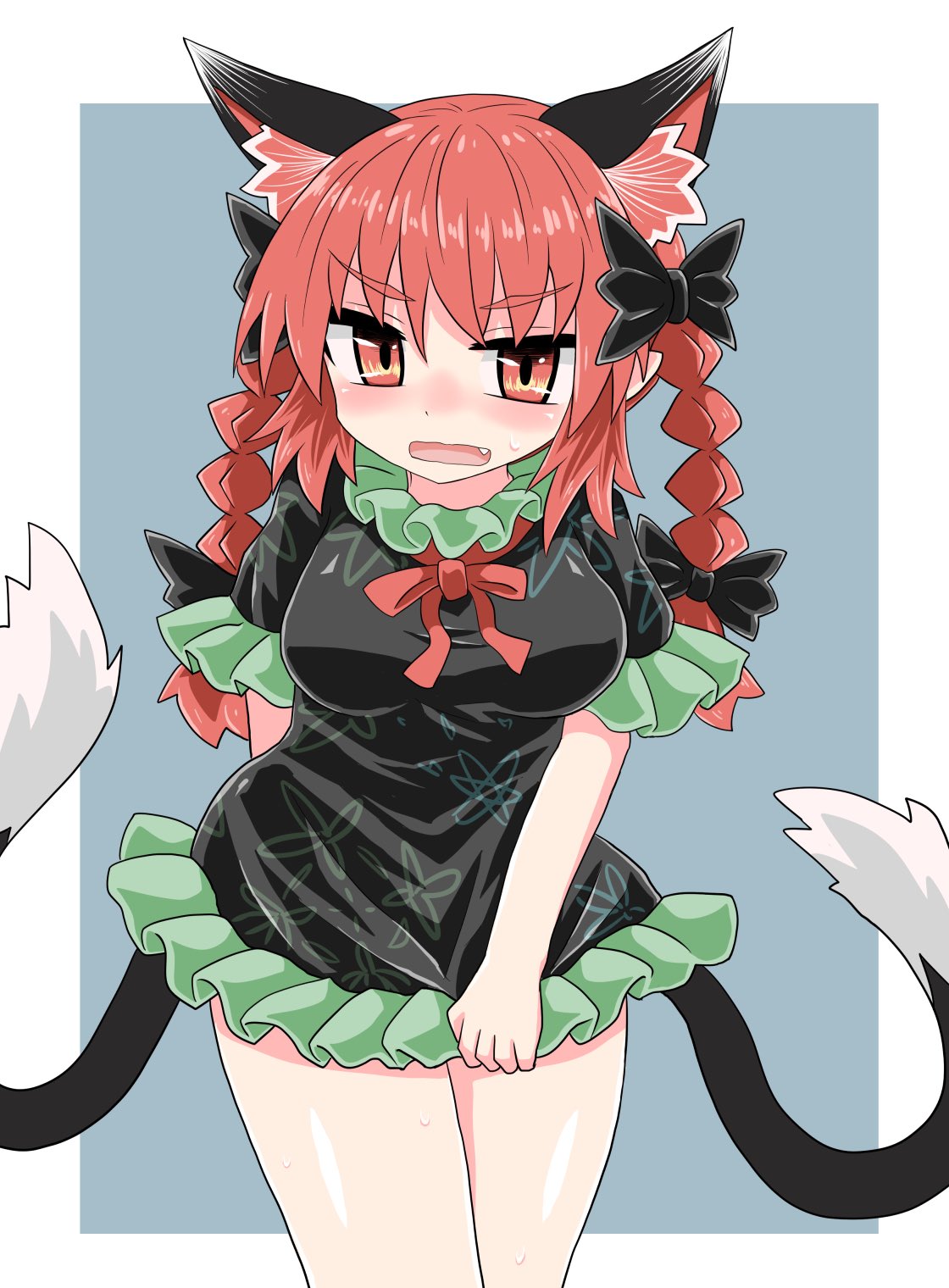 1girl animal_ears arm_behind_back bangs black_bow black_dress black_tail blush border bow breasts bright_pupils cat_ears cat_tail chups dress extra_ears eyebrows_visible_through_hair fang frilled_dress frills green_background highres holding holding_clothes holding_dress kaenbyou_rin medium_hair multiple_tails nekomata open_mouth red_eyes red_neckwear redhead short_sleeves simple_background sweat tail touhou twintails two_tails v-shaped_eyebrows white_border