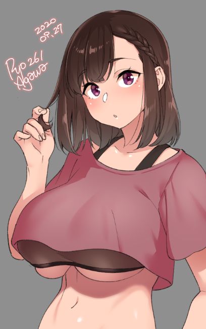 1girl 2020 :o agawa_ryou artist_name braid breasts brown_eyes brown_hair commentary dated grey_background large_breasts looking_at_viewer midriff navel original parted_lips short_hair simple_background solo tongue tongue_out under_boob