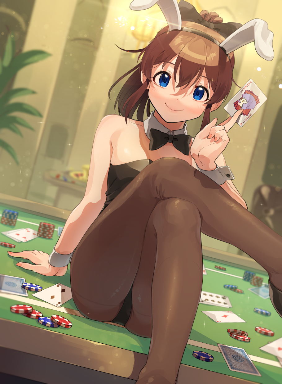 1girl animal_ears backlighting bangs bare_shoulders between_fingers black_bow black_hairband black_leotard black_neckwear blue_eyes bow bowtie brown_legwear card casino closed_mouth commentary_request crossed_legs dutch_angle fake_animal_ears hair_between_eyes hair_bow hairband highres holding holding_card idolmaster idolmaster_million_live! indoors joker kamille_(vcx68) knee_up leg_up lens_flare leotard long_hair looking_at_viewer pantyhose playing_card poker_chip poker_table ponytail rabbit_ears satake_minako sidelocks smile solo strapless strapless_leotard wrist_cuffs
