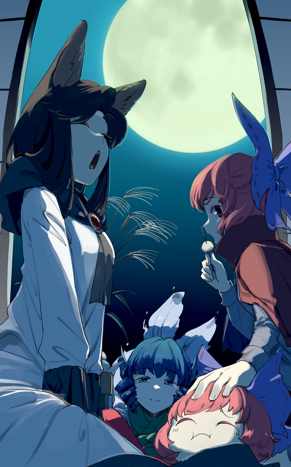 3girls animal_ears black_shirt blue_bow blue_hair bow brooch brown_hair cape cloak closed_eyes dango disembodied_head dress drill_hair drill_locks dumpling floating_head food frilled_kimono frills full_moon grass_root_youkai_network green_kimono hair_bow head_fins high_collar highres imaizumi_kagerou japanese_clothes jewelry kimono long_hair long_sleeves mermaid mitsubamushi_coreless monster_girl moon multiple_girls open_mouth petting pout red_cape red_cloak red_eyes redhead sekibanki shirt short_hair skewer smile tail touhou wagashi wakasagihime white_dress wide_sleeves wolf_ears wolf_tail