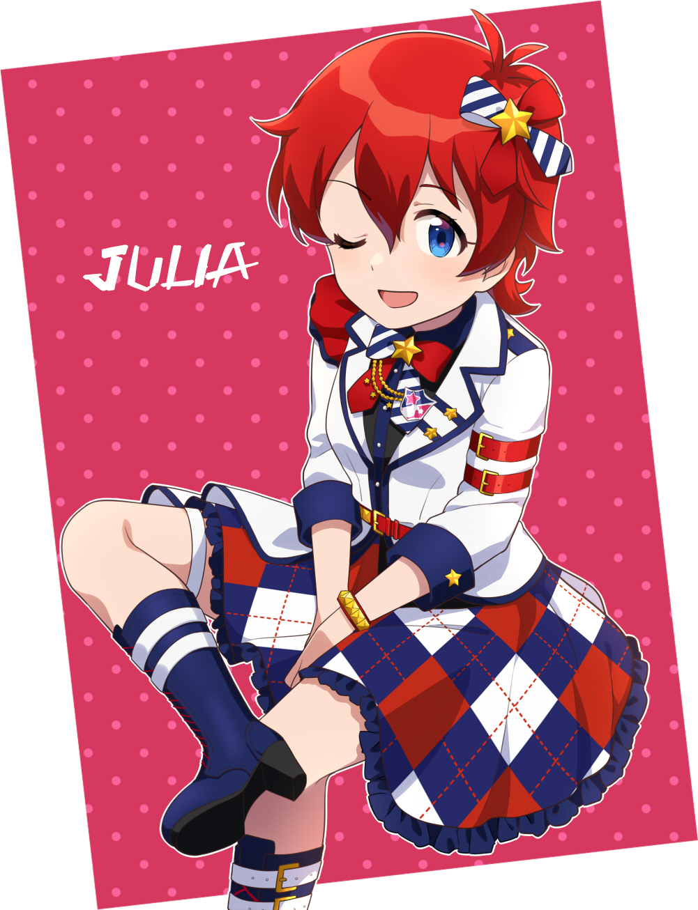 1girl belt blue_eyes blush boots bow character_name from_above hair_bow high_heel_boots high_heels highres idol idolmaster idolmaster_million_live! julia_(idolmaster) looking_at_viewer one_eye_closed open_mouth polka_dot polka_dot_background red_background redhead short_hair simple_background sitting smile solo star_(symbol) tahara_emu
