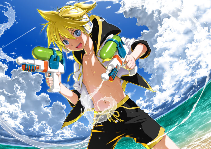 1boy backlighting beach black_shorts blonde_hair blue_eyes blue_sky clouds commentary condensation_trail cowboy_shot drawstring dual_wielding dutch_angle firing fisheye headphones holding holding_water_gun hood hooded_jacket jacket kagamine_len male_focus glassesmassao navel ocean open_mouth short_ponytail shorts sky smile solo spiky_hair vocaloid water_gun white_jacket